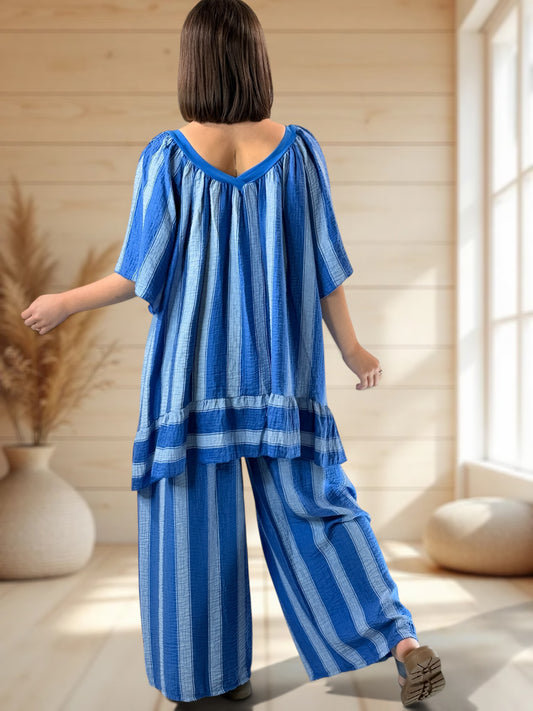 BENJI  - PANTALON BLEU IMPERIAL A RAYURE JUSQUA LA TAILLE 52