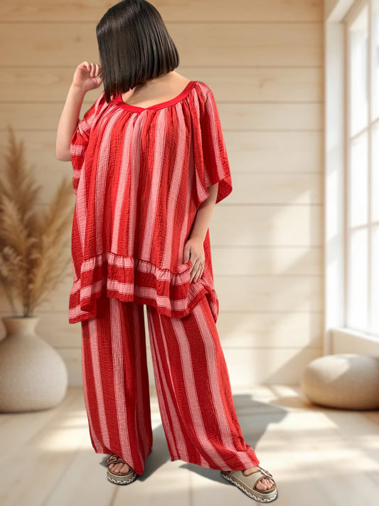 BENJI  - PANTALON ROUGE A RAYURE JUSQUA LA TAILLE 52