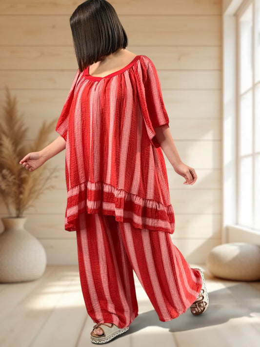 BENJI  - PANTALON ROUGE A RAYURE JUSQUA LA TAILLE 52