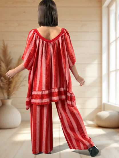 BENJI  - PANTALON ROUGE A RAYURE JUSQUA LA TAILLE 52
