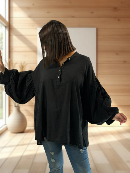 LILOU - BLOUSE NOIRE EN COTON JUSQU'A LA TAILLE 52