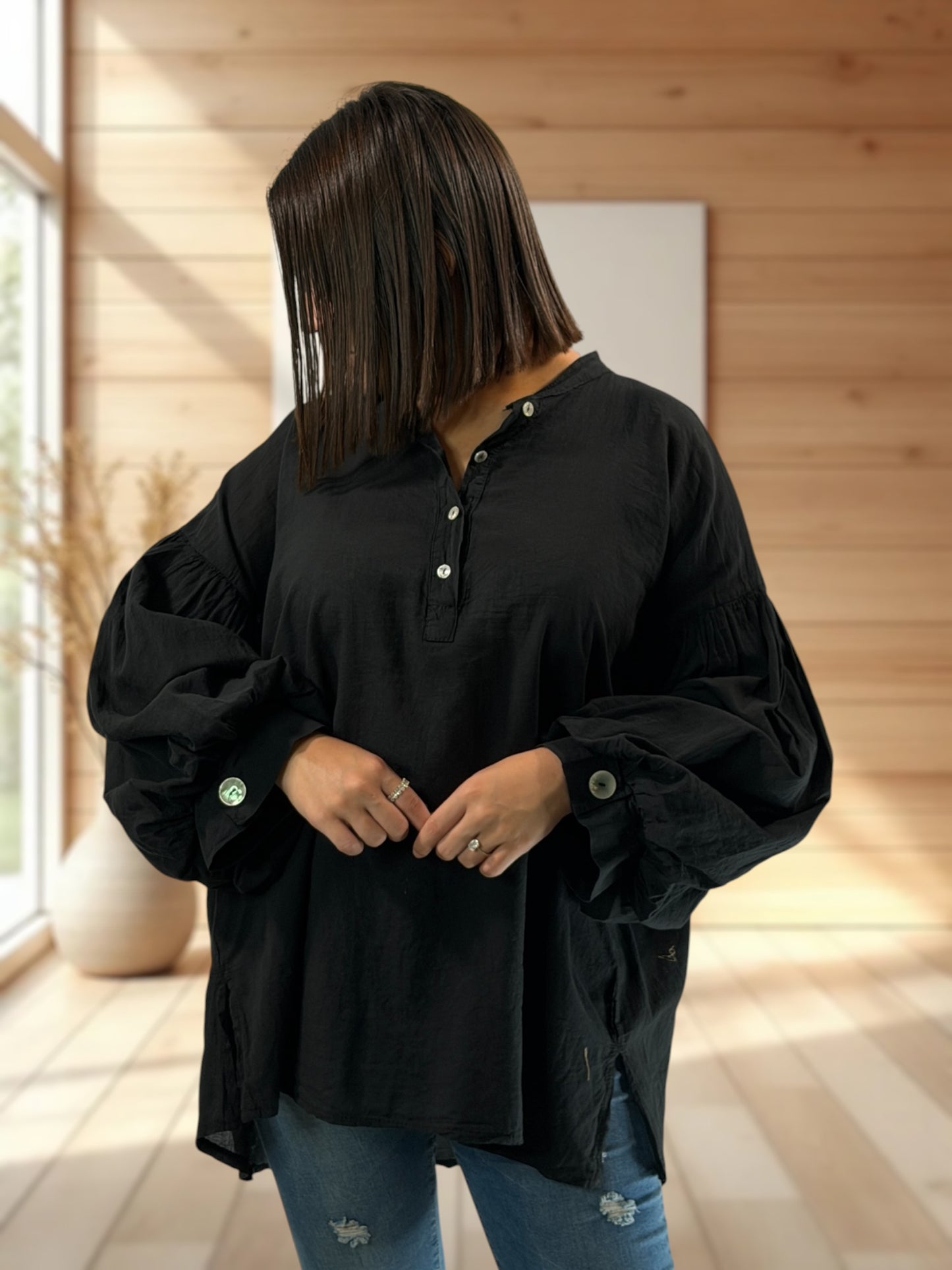 LILOU - BLOUSE NOIRE EN COTON JUSQU'A LA TAILLE 52