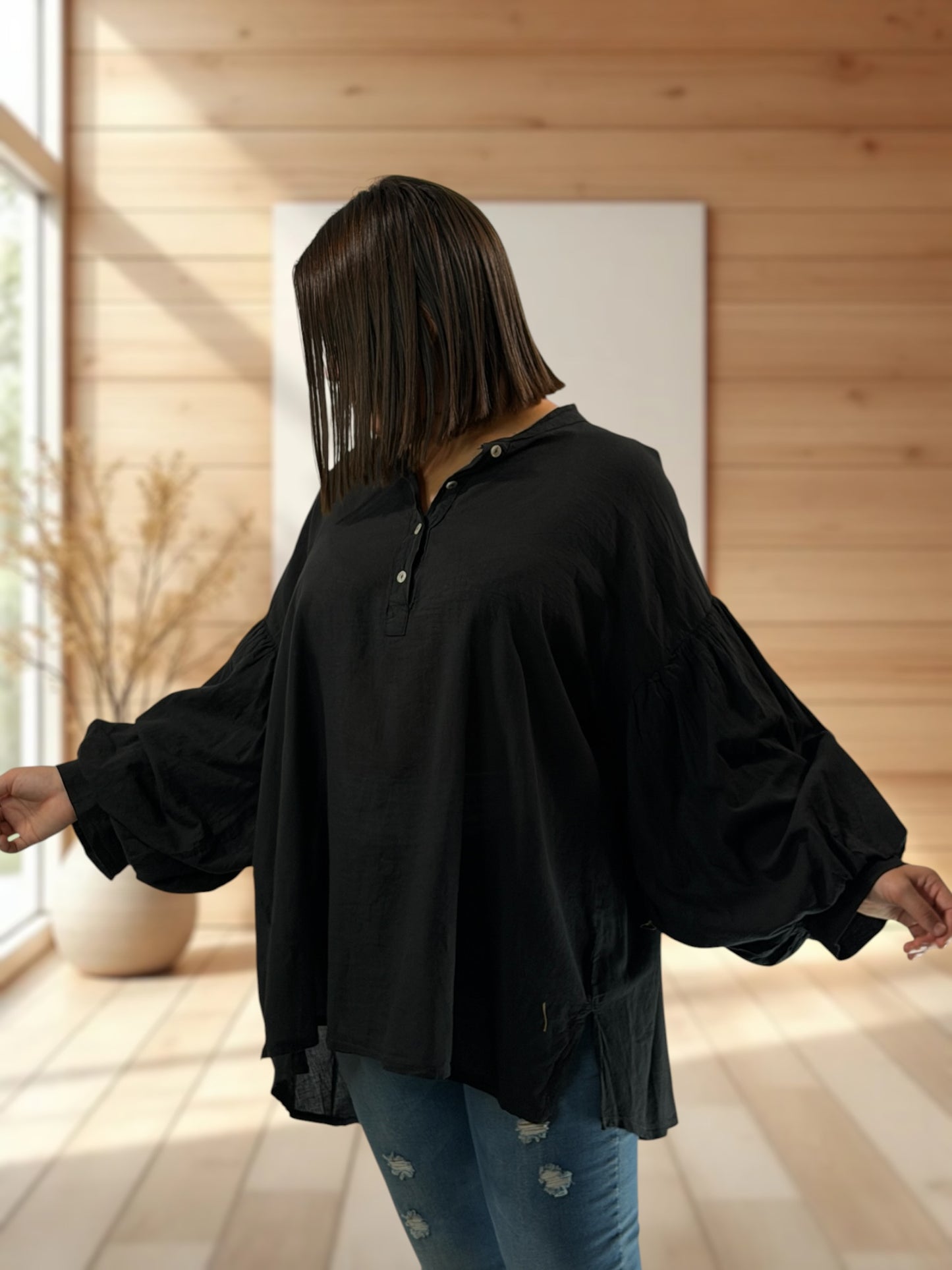 LILOU - BLOUSE NOIRE EN COTON JUSQU'A LA TAILLE 52