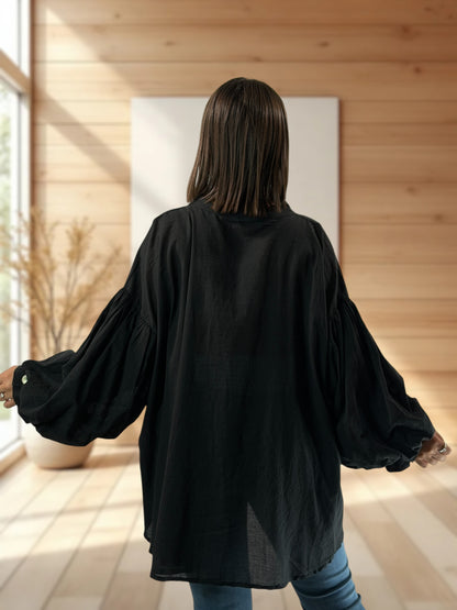 LILOU - BLOUSE NOIRE EN COTON JUSQU'A LA TAILLE 52