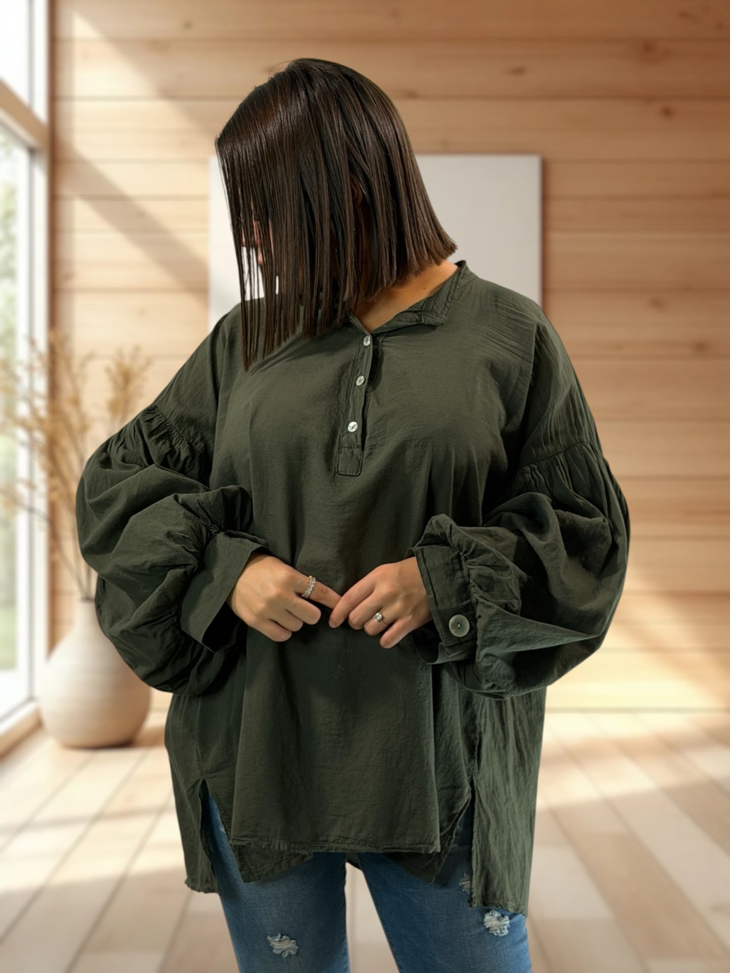 LILOU - BLOUSE KAKI EN COTON JUSQU'A LA TAILLE 52
