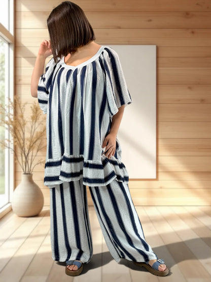BENJI  - PANTALON MARINE A RAYURE JUSQUA LA TAILLE 52