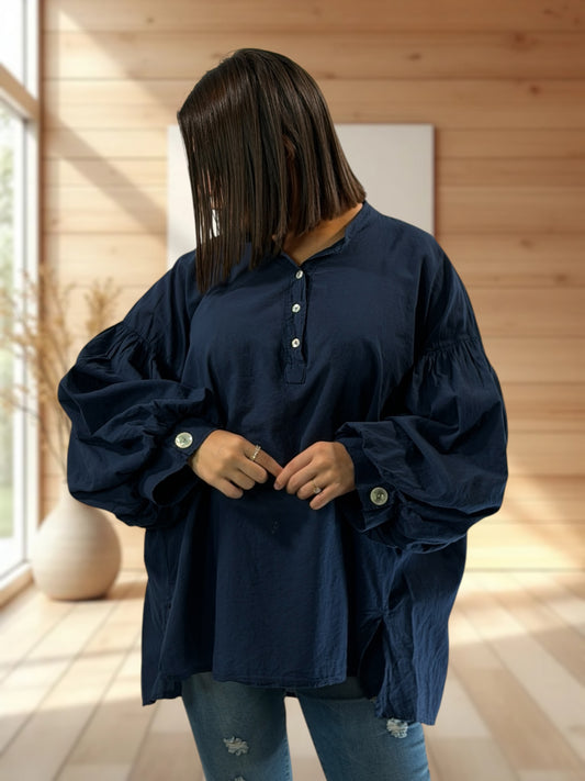 LILOU - BLOUSE MARINE EN COTON JUSQU'A LA TAILLE 52