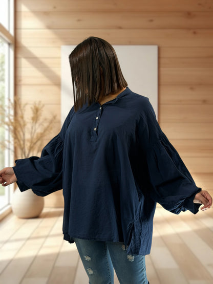 LILOU - BLOUSE MARINE EN COTON JUSQU'A LA TAILLE 52