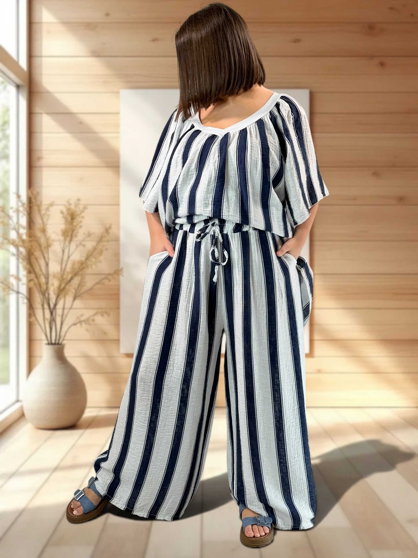 BENJI  - PANTALON MARINE A RAYURE JUSQUA LA TAILLE 52
