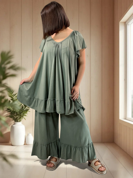 MADALENA  - ENSEMBLE KAKI TUNIQUE ET PANTALON JUSQU'A LA TAILLE 58