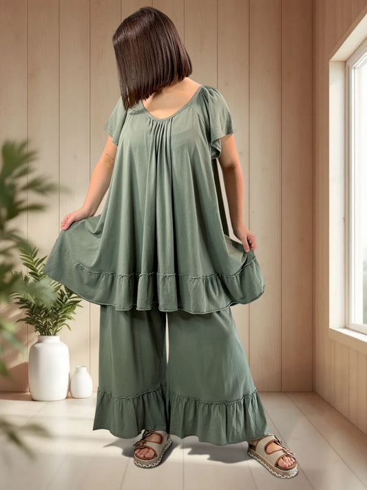 MADALENA  - ENSEMBLE KAKI TUNIQUE ET PANTALON JUSQU'A LA TAILLE 58
