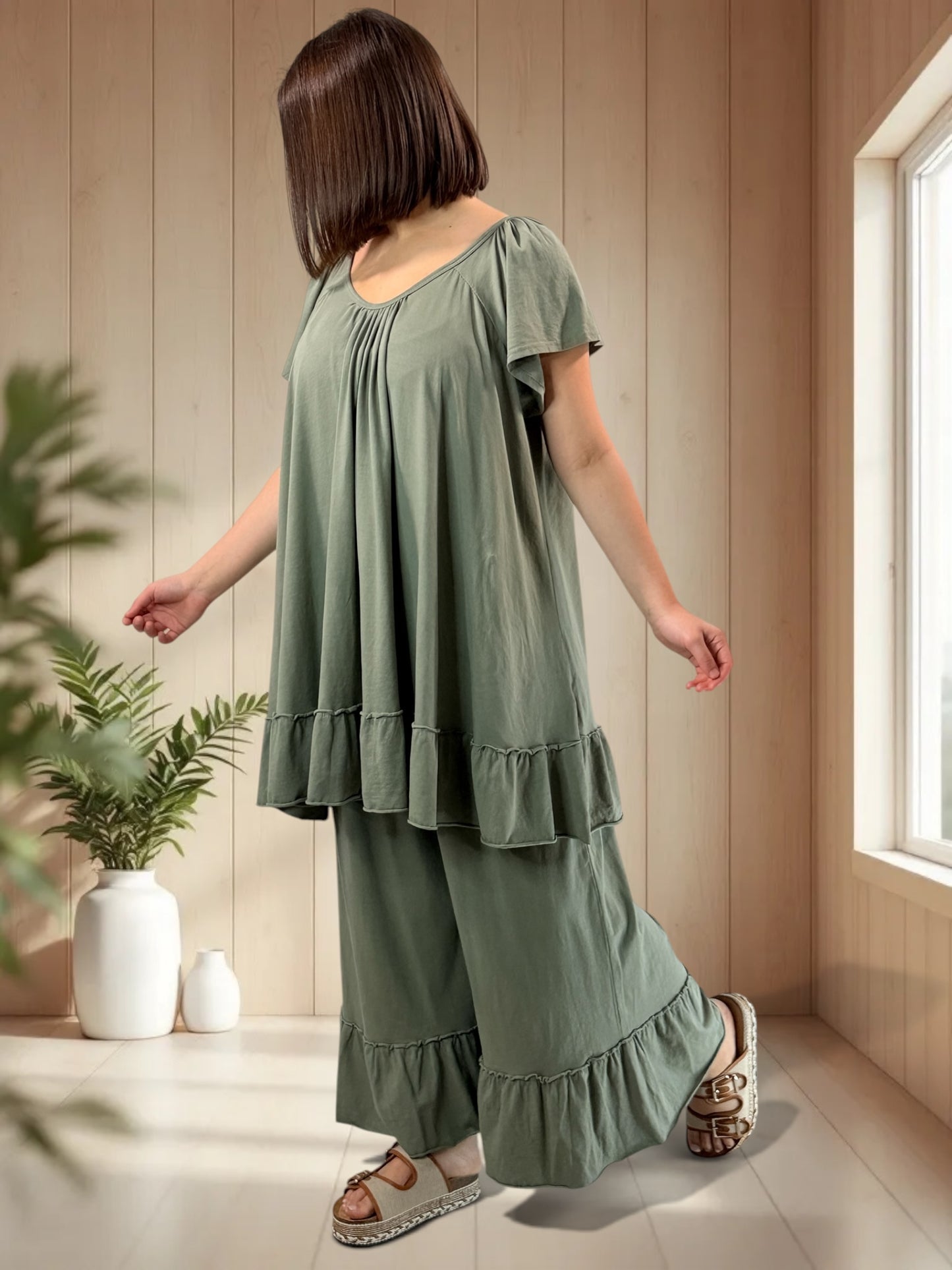 MADALENA  - ENSEMBLE KAKI TUNIQUE ET PANTALON JUSQU'A LA TAILLE 58