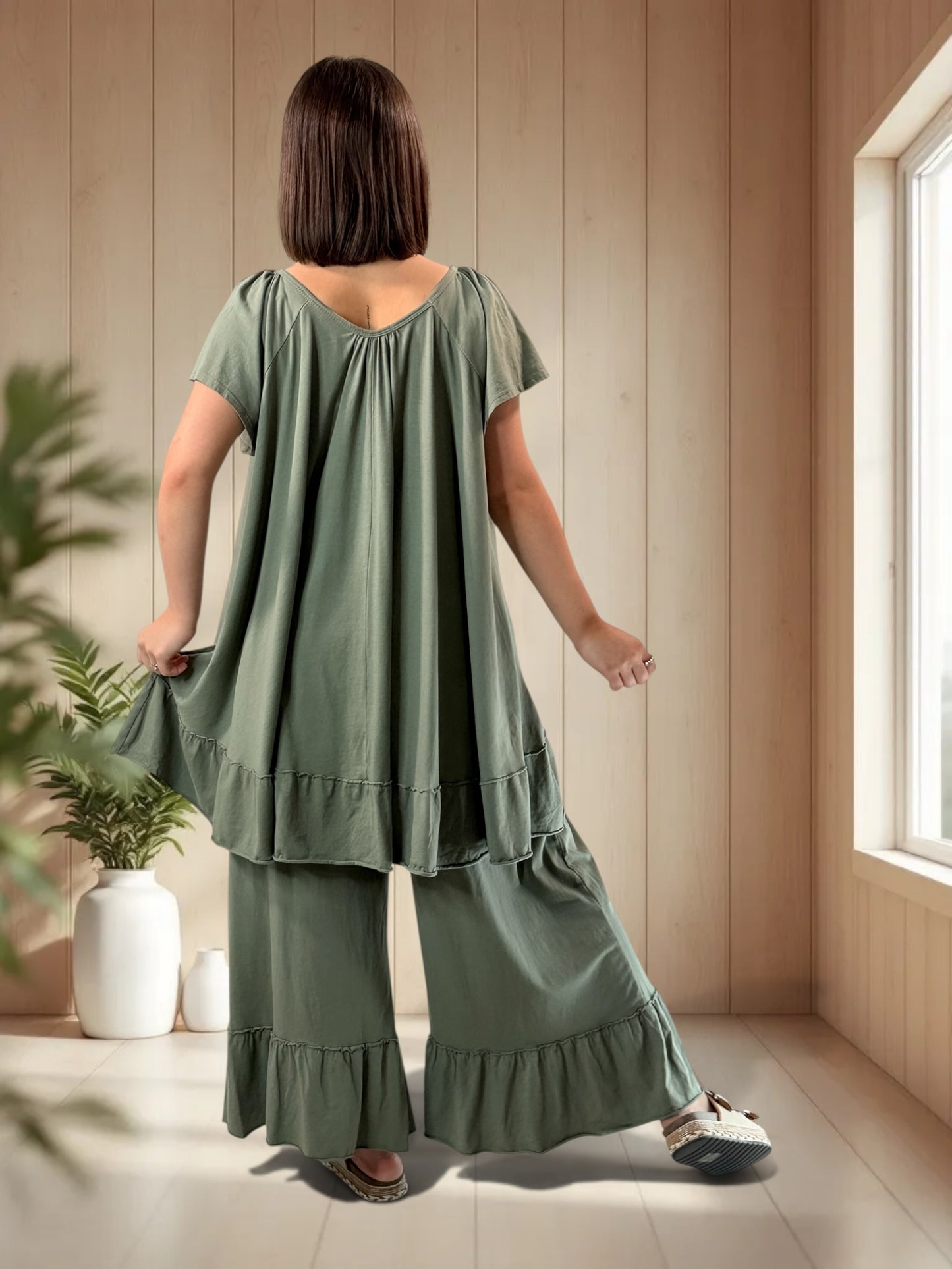 MADALENA  - ENSEMBLE KAKI TUNIQUE ET PANTALON JUSQU'A LA TAILLE 58
