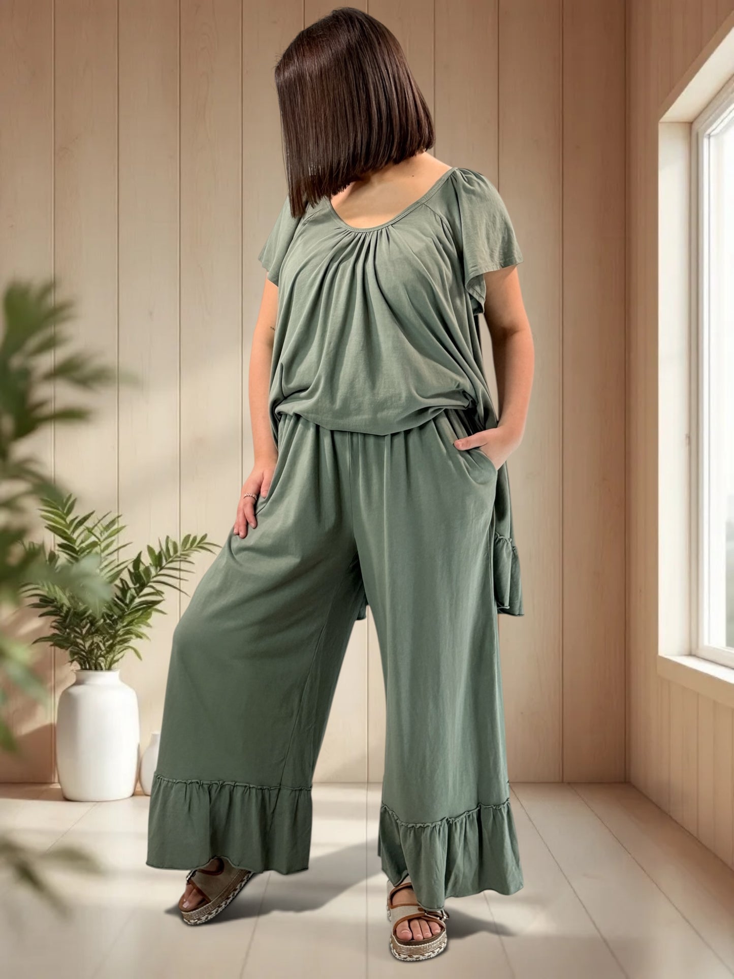MADALENA  - ENSEMBLE KAKI TUNIQUE ET PANTALON JUSQU'A LA TAILLE 58