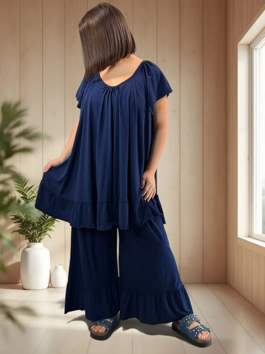 MADALENA  - ENSEMBLE MARINE TUNIQUE ET PANTALON JUSQU'A LA TAILLE 58