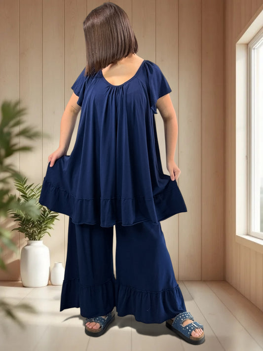 MADALENA  - ENSEMBLE MARINE TUNIQUE ET PANTALON JUSQU'A LA TAILLE 58