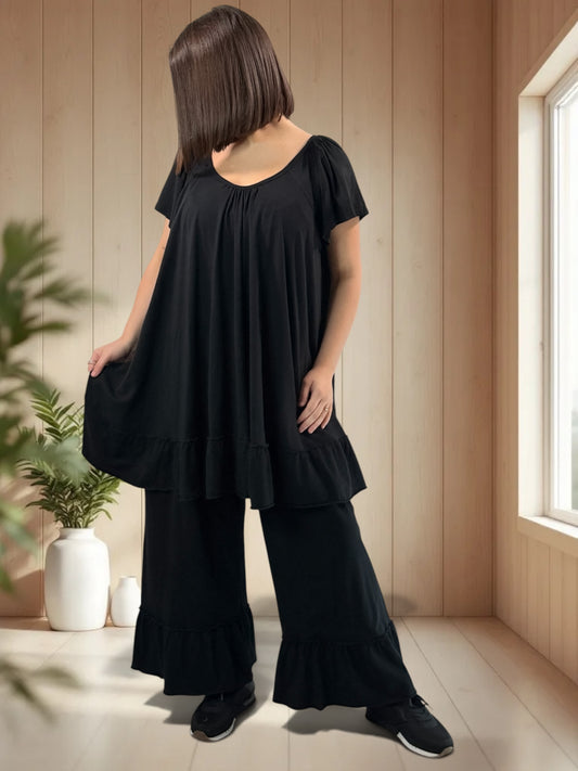 MADALENA  - ENSEMBLE NOIR TUNIQUE ET PANTALON JUSQU'A LA TAILLE 58
