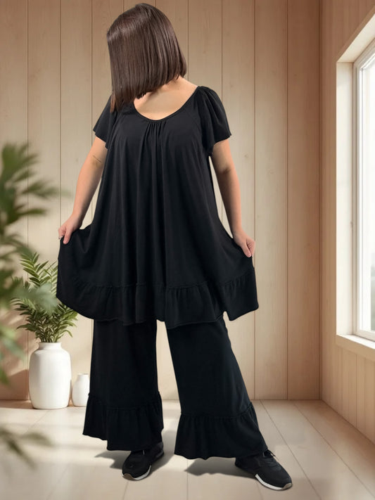 MADALENA  - ENSEMBLE NOIR TUNIQUE ET PANTALON JUSQU'A LA TAILLE 58
