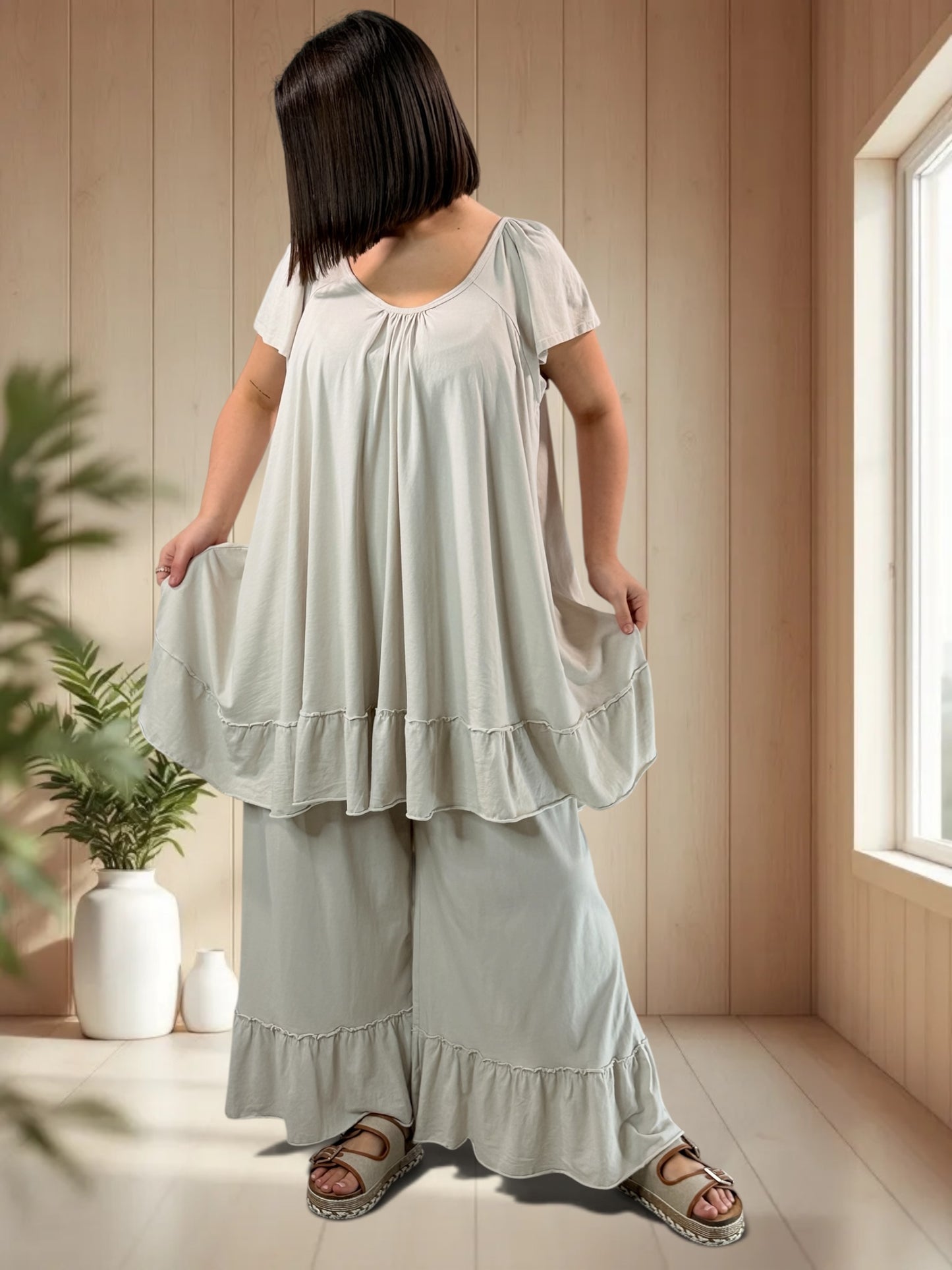 MADALENA  - ENSEMBLE BEIGE TUNIQUE ET PANTALON JUSQU'A LA TAILLE 58
