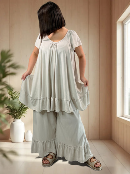 MADALENA  - ENSEMBLE BEIGE TUNIQUE ET PANTALON JUSQU'A LA TAILLE 58