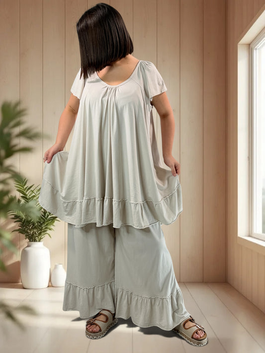 MADALENA  - ENSEMBLE BEIGE TUNIQUE ET PANTALON JUSQU'A LA TAILLE 58
