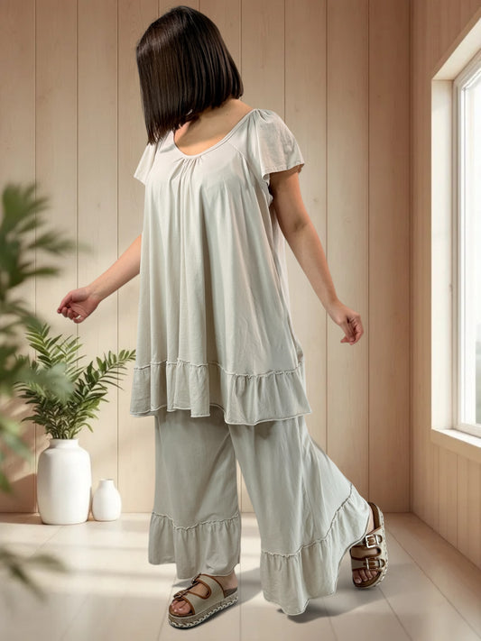MADALENA  - ENSEMBLE BEIGE TUNIQUE ET PANTALON JUSQU'A LA TAILLE 58