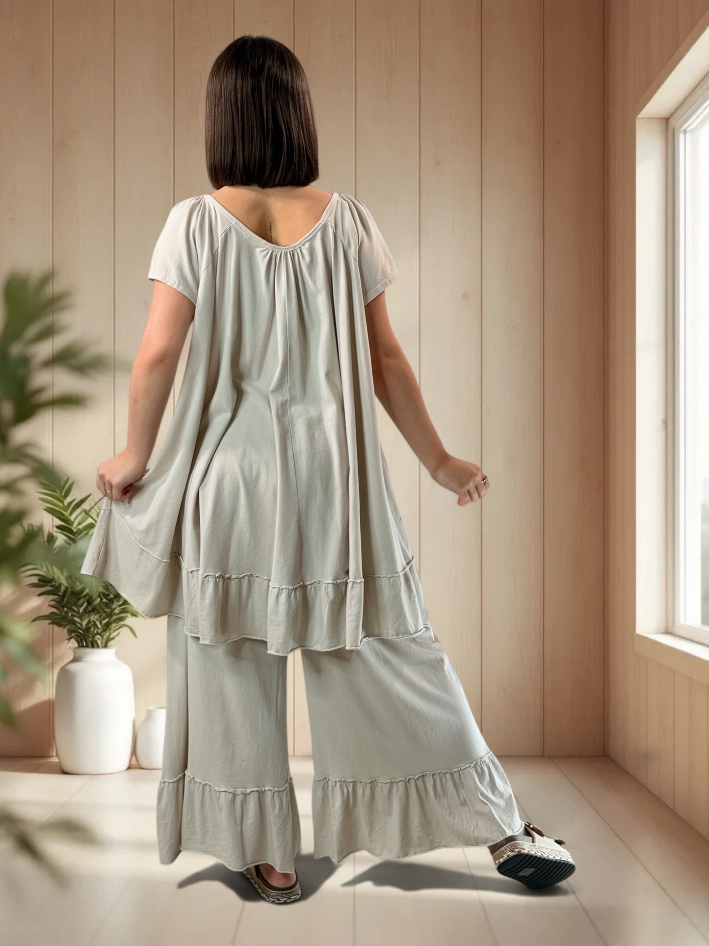 MADALENA  - ENSEMBLE BEIGE TUNIQUE ET PANTALON JUSQU'A LA TAILLE 58