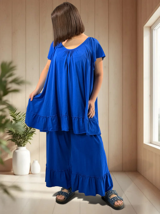 MADALENA  - ENSEMBLE BLEU TUNIQUE ET PANTALON JUSQU'A LA TAILLE 58
