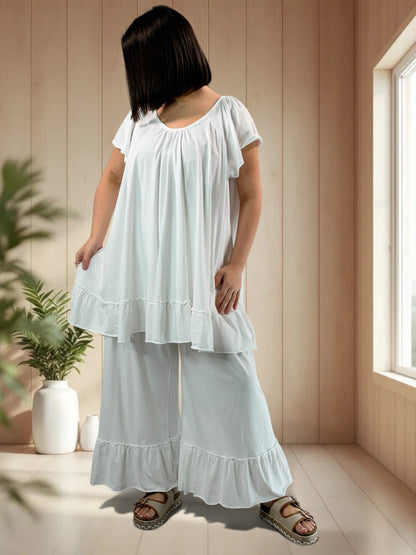 MADALENA  - ENSEMBLE BLANC TUNIQUE ET PANTALON JUSQU'A LA TAILLE 58