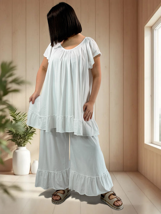 MADALENA  - ENSEMBLE BLANC TUNIQUE ET PANTALON JUSQU'A LA TAILLE 58