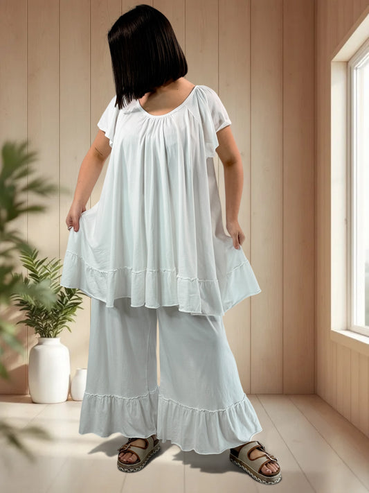 MADALENA  - ENSEMBLE BLANC TUNIQUE ET PANTALON JUSQU'A LA TAILLE 58