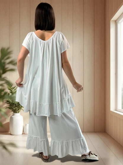 MADALENA  - ENSEMBLE BLANC TUNIQUE ET PANTALON JUSQU'A LA TAILLE 58