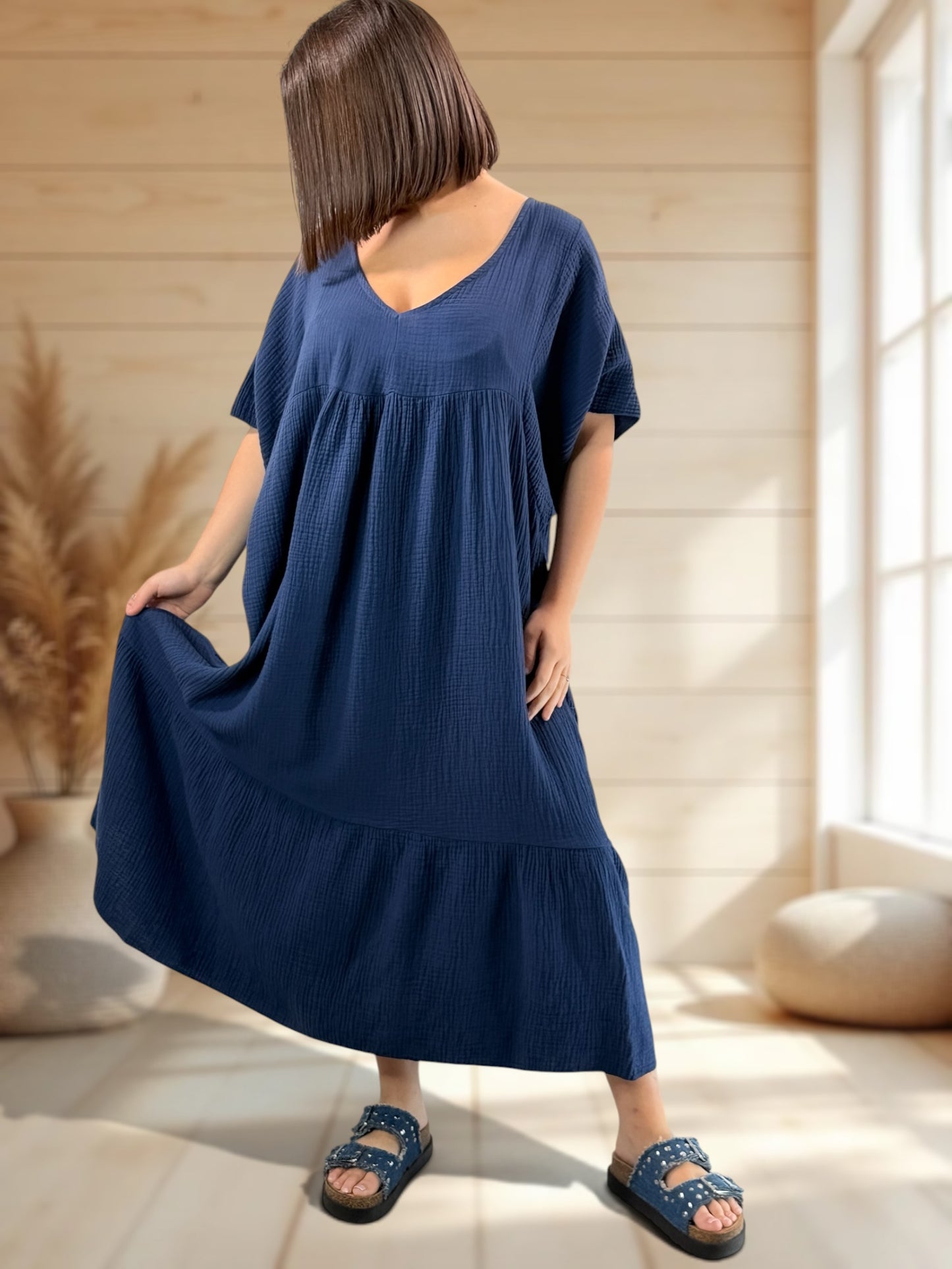 LAURETTE - ROBE LONGUE MARINE EN GAZE DE COTON JUSQU'A LA TAILLE 54