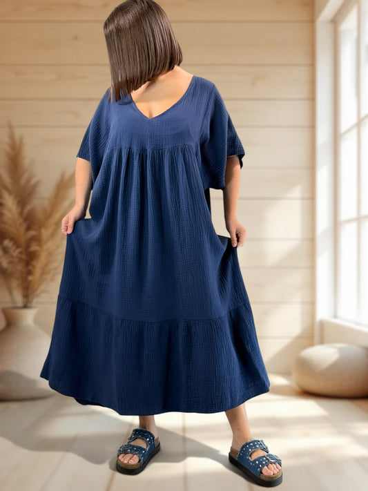 LAURETTE - ROBE LONGUE MARINE EN GAZE DE COTON JUSQU'A LA TAILLE 54