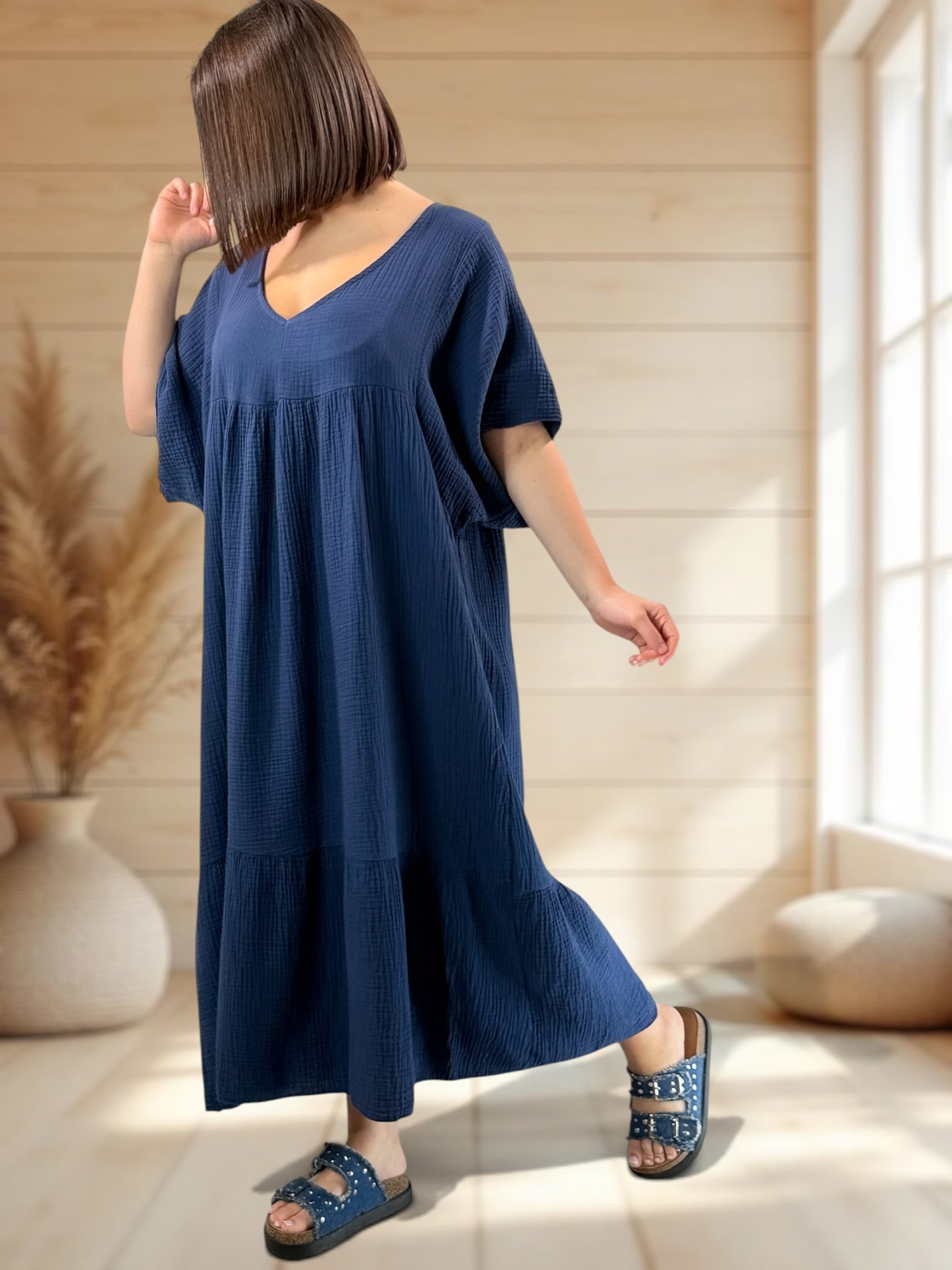 LAURETTE - ROBE LONGUE MARINE EN GAZE DE COTON JUSQU'A LA TAILLE 54