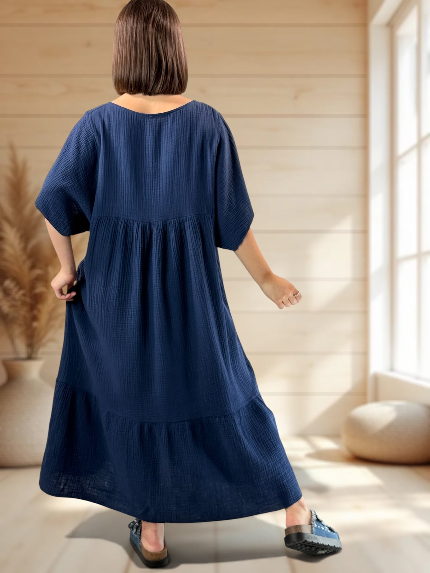 LAURETTE - ROBE LONGUE MARINE EN GAZE DE COTON JUSQU'A LA TAILLE 54