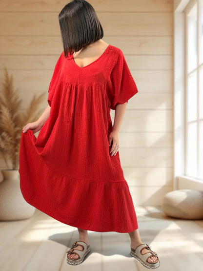 LAURETTE - ROBE LONGUE ROUGE EN GAZE DE COTON JUSQU'A LA TAILLE 54