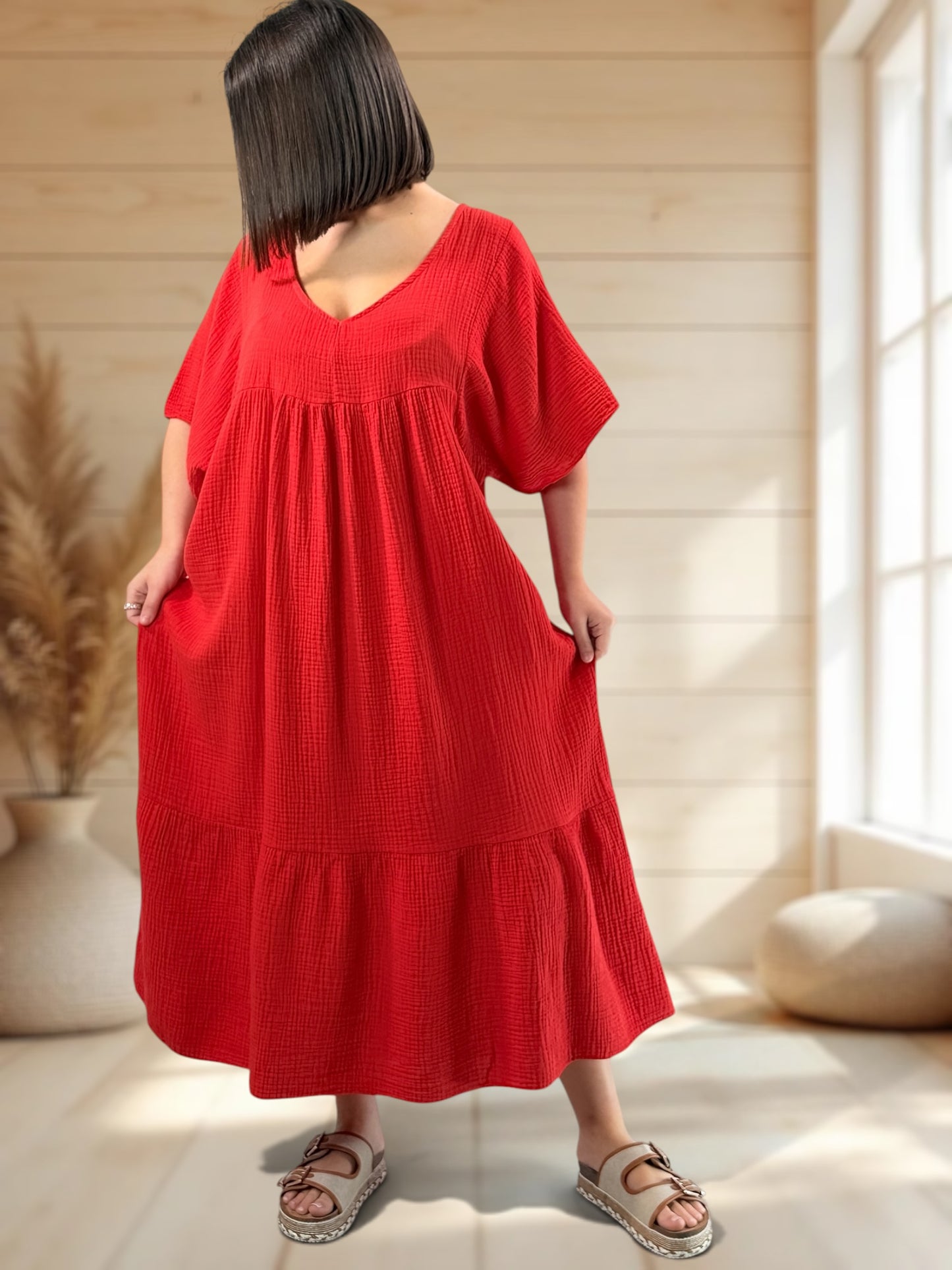 LAURETTE - ROBE LONGUE ROUGE EN GAZE DE COTON JUSQU'A LA TAILLE 54
