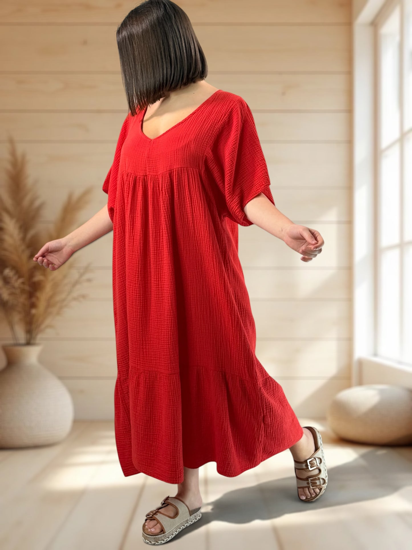 LAURETTE - ROBE LONGUE ROUGE EN GAZE DE COTON JUSQU'A LA TAILLE 54