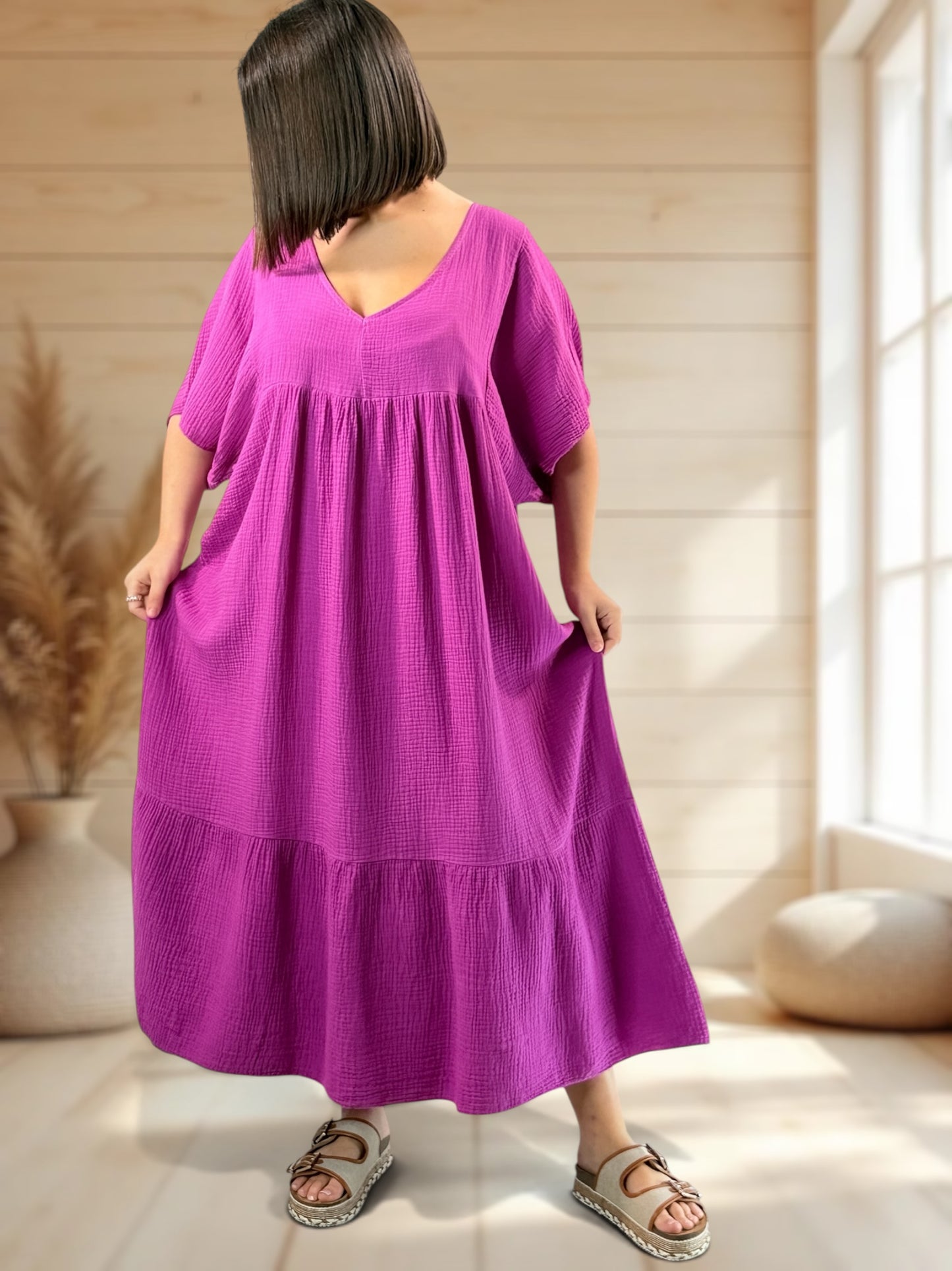 LAURETTE - ROBE LONGUE CYCLAMEN EN GAZE DE COTON JUSQU'A LA TAILLE 54