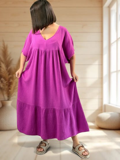 LAURETTE - ROBE LONGUE CYCLAMEN EN GAZE DE COTON JUSQU'A LA TAILLE 54