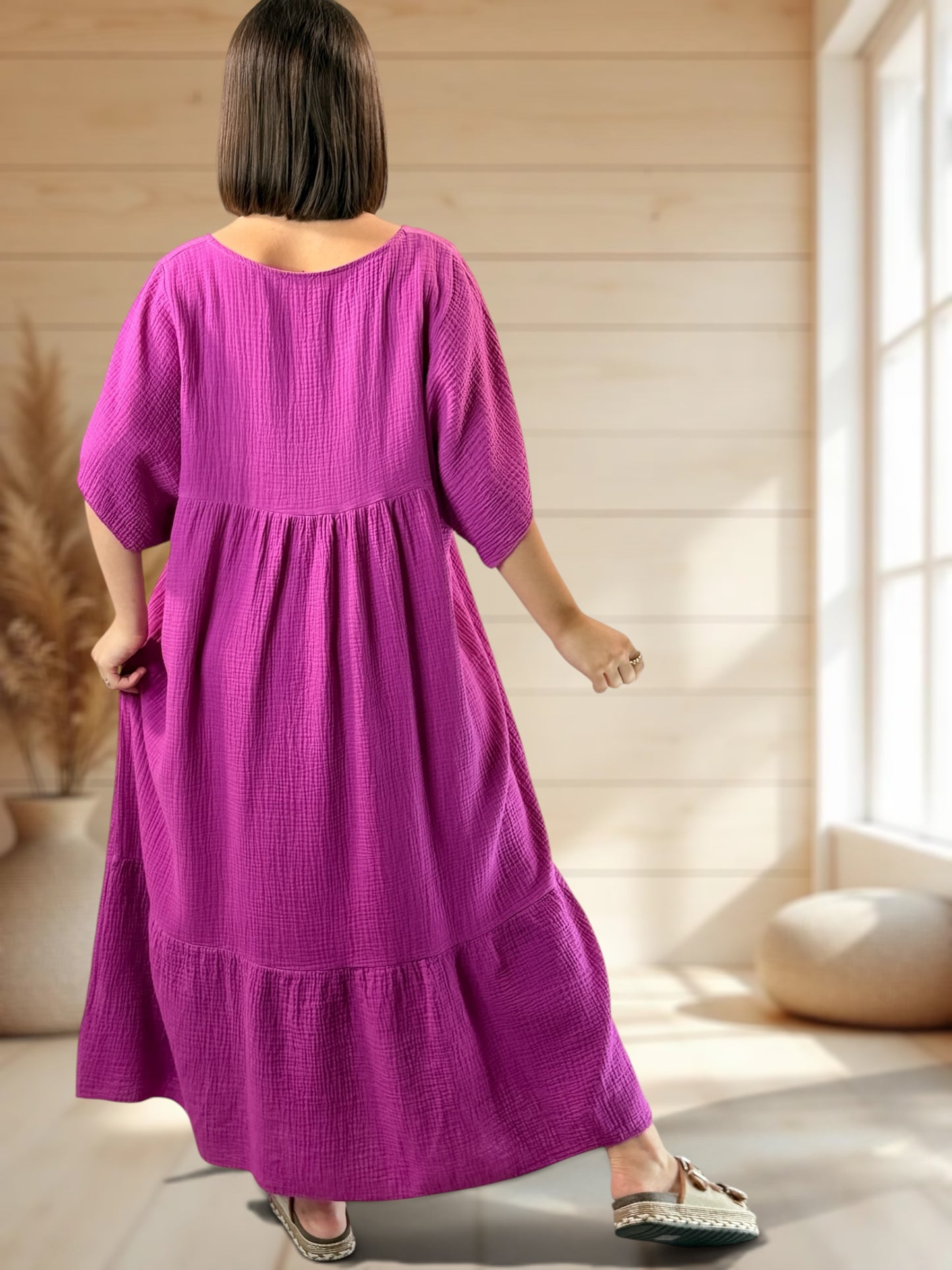 LAURETTE - ROBE LONGUE CYCLAMEN EN GAZE DE COTON JUSQU'A LA TAILLE 54