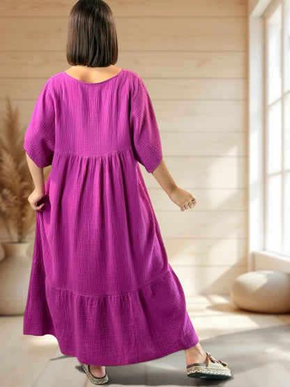 LAURETTE - ROBE LONGUE CYCLAMEN EN GAZE DE COTON JUSQU'A LA TAILLE 54