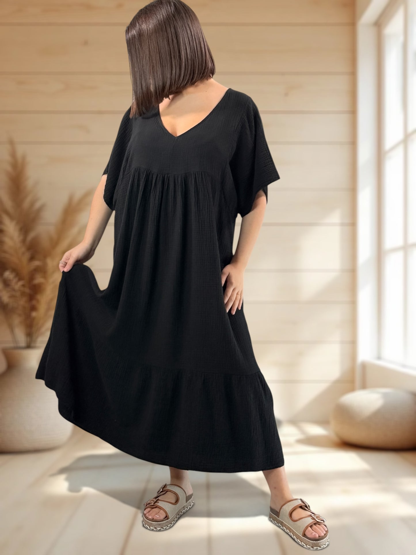 LAURETTE - ROBE LONGUE NOIRE EN GAZE DE COTON JUSQU'A LA TAILLE 54