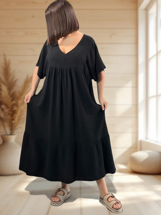 LAURETTE - ROBE LONGUE NOIRE EN GAZE DE COTON JUSQU'A LA TAILLE 54
