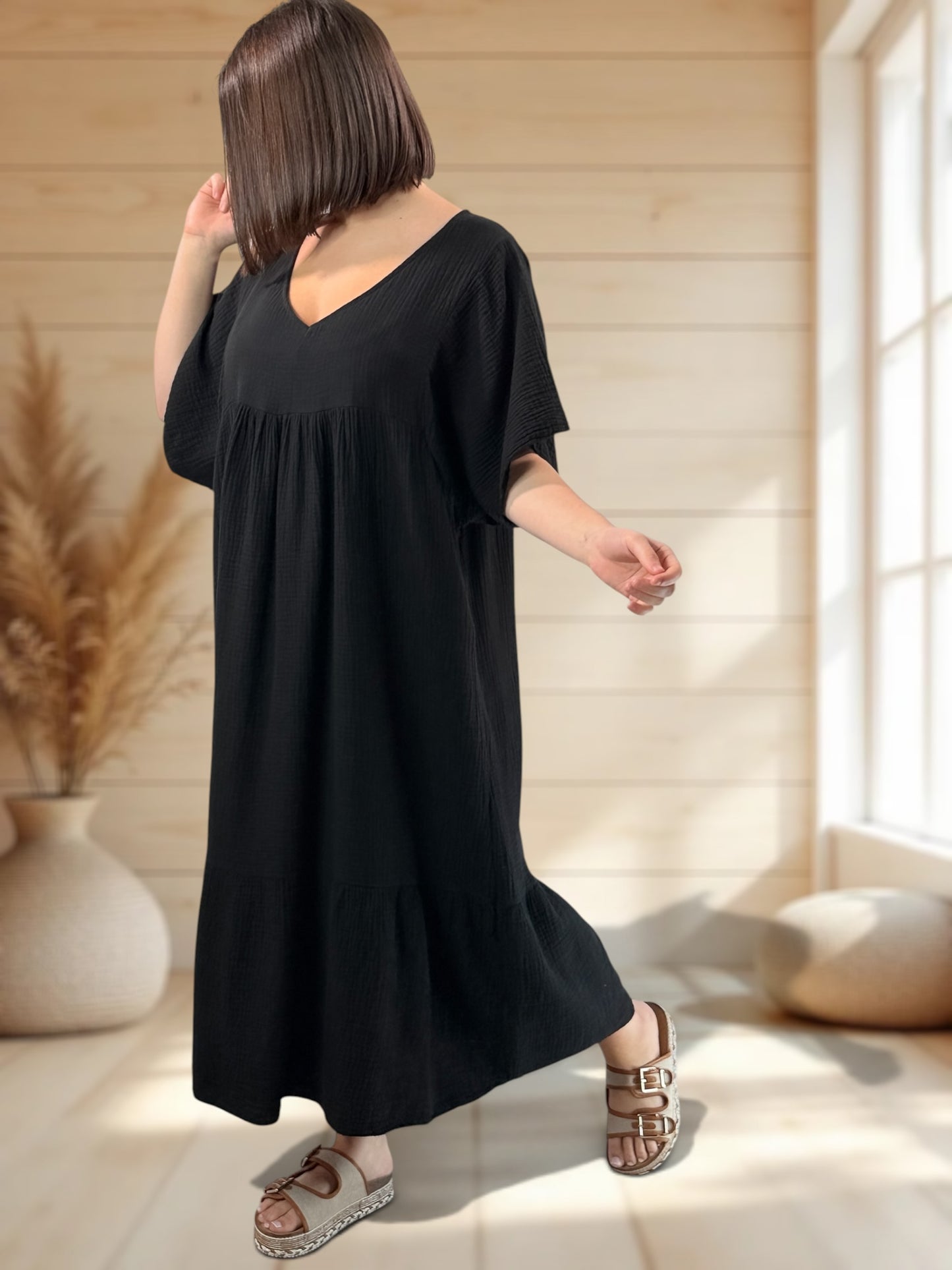 LAURETTE - ROBE LONGUE NOIRE EN GAZE DE COTON JUSQU'A LA TAILLE 54