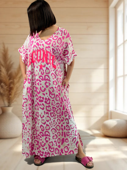 ZANZIBAR - ROBE LEOPARD FUCHSIA JUSQU'A LA TAILLE 54/56