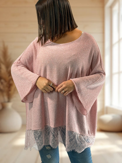 AURORA - TOP FLUIDE SCINTILLANT ROSE AVEC DENTELLE JUSQU'A LA TAILLE 54