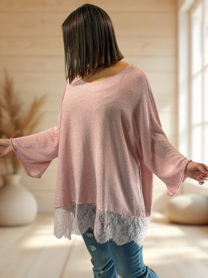 AURORA - TOP FLUIDE SCINTILLANT ROSE AVEC DENTELLE JUSQU'A LA TAILLE 54