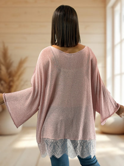 AURORA - TOP FLUIDE SCINTILLANT ROSE AVEC DENTELLE JUSQU'A LA TAILLE 54